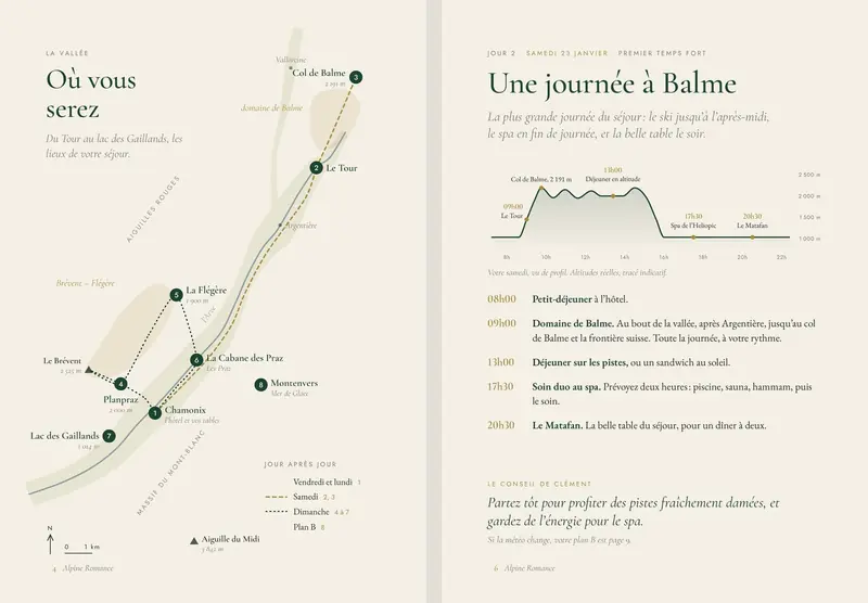 Double page du carnet de voyage AURALPS : la carte des lieux et une journée détaillée heure par heure