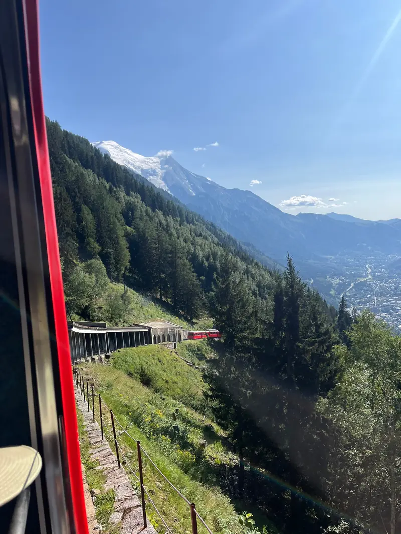 Le train du Montenvers dans la forêt, face au Mont-Blanc